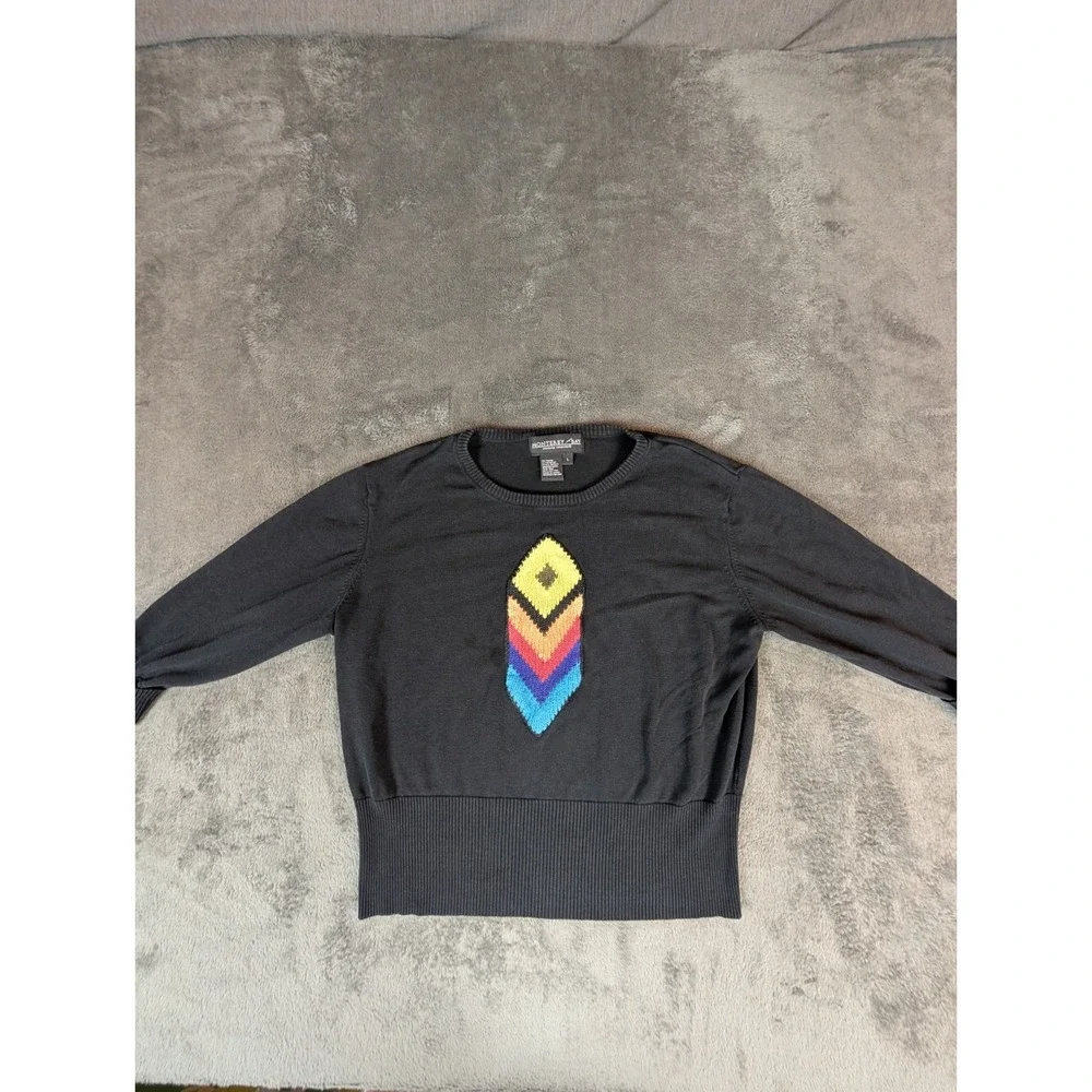 Silk & Cotton Lightweight Sweater LG Knit Chevron Crocheted Rainbow Pride Black